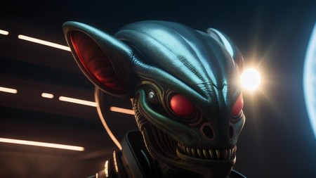 close up of an alien head with red eyes and glowing eyes