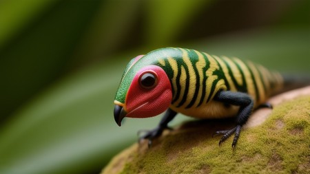 colorful lizard sitting on top of a green leaf covered tree branch