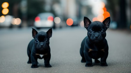 two small black puppies are standing on the street in front of a car