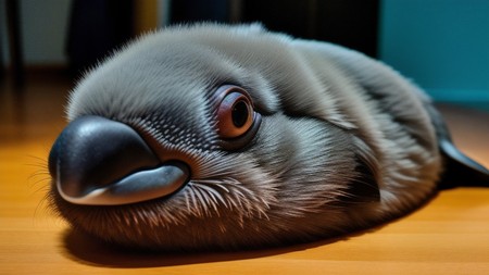 close up of a stuffed animal on a wooden table with a blurry background