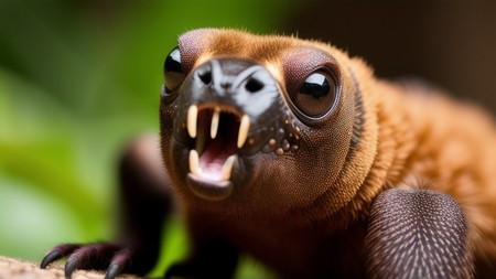 close up of a lizard with its mouth open and teeth wide open