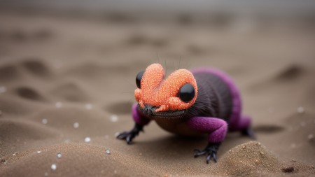 small lizard with a purple body and orange legs on a sandy beach