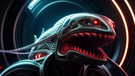 close up of a creature with glowing eyes and a large mouth