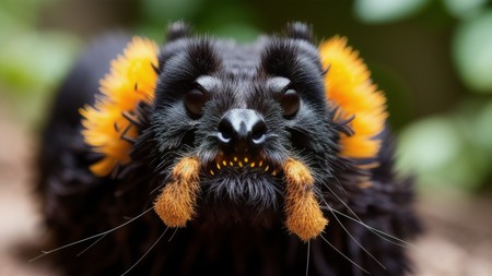 close up of a black animal with yellow feathers on its head