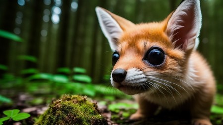 close up of a small animal in a forest with trees in the background