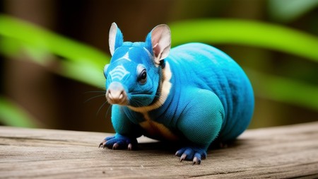 small blue animal sitting on top of a wooden table next to green plants