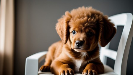 brown dog sitting on top of a white chair next to a window