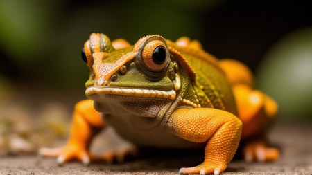 close up of a frog on the ground with a blurry background