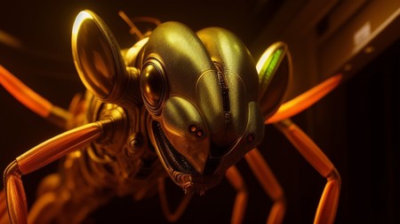 close - up of a robot insect with glowing eyes and legs
