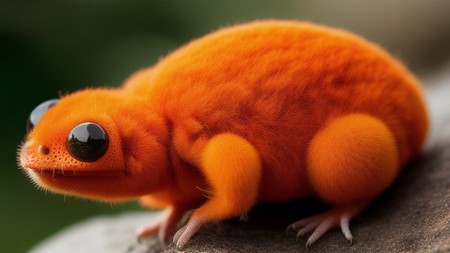 small orange frog sitting on top of a rock with big eyes