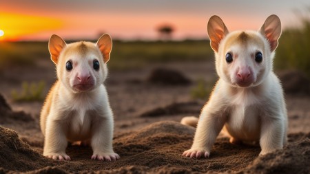 couple of small animals standing on top of a dirt field next to each other