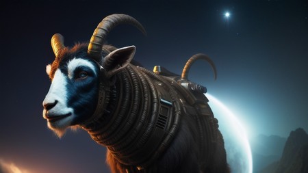 goat with horns standing in front of a moon and a star