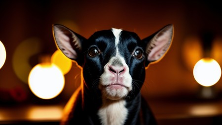 black and white dog sitting in front of a table with lights