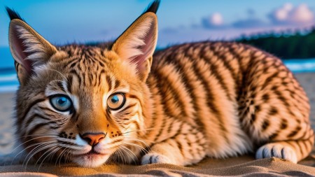 cat laying on top of a sandy beach next to the ocean