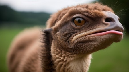 close up of an ostrich's face with its tongue out