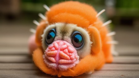 close up of a stuffed animal on a wooden surface with a blurry background