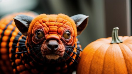 close up of a stuffed animal next to a small orange pumpkin