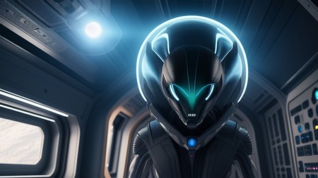 sci - fi character in a space station looking at the camera