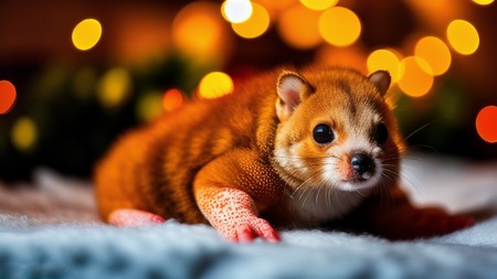 close up of a small animal on a blanket with lights in the background