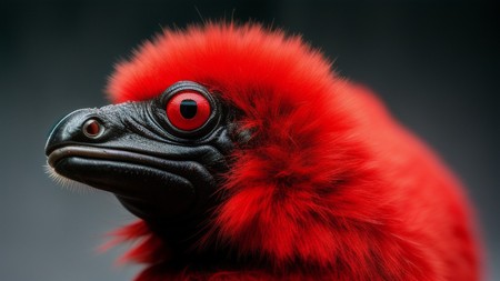 close up of a red bird with a black head and red eyes