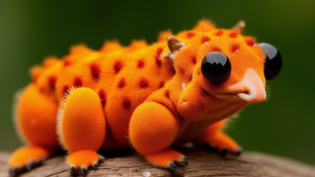 an orange frog with black eyes sitting on top of a tree branch