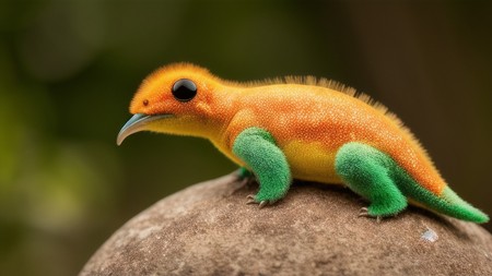 small orange and green lizard sitting on top of a large rock