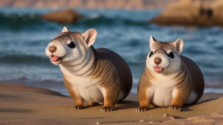 couple of animals sitting on top of a sandy beach next to a body of water