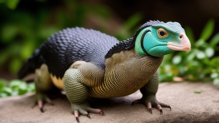 close up of a lizard on a rock with plants in the background