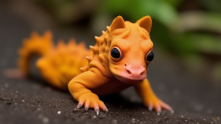 small orange gecko sitting on top of a dirt ground next to green plants