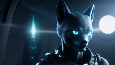 close up of a cat in a space suit with glowing eyes