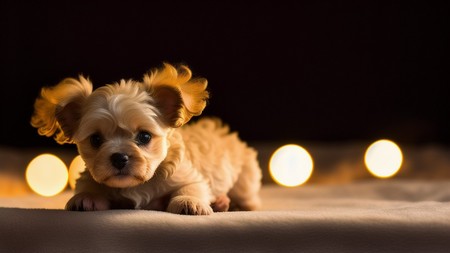 small dog sitting on top of a bed next to some lights