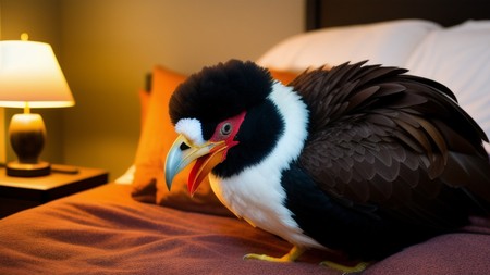 large bird sitting on top of a bed next to a lamp
