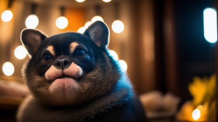 close up of a dog's face with lights in the background