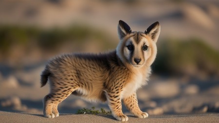 small animal standing on top of a sandy beach next to a body of water