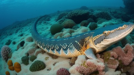 large monitor lizard laying on top of a coral covered ocean floor