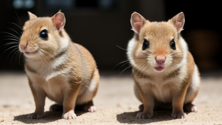 two little hamsters sitting next to each other on the ground with their mouths open