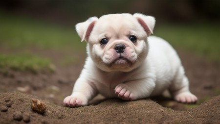 small white puppy laying on top of a dirt field next to a rock