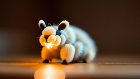 small stuffed animal sitting on top of a wooden table next to a lit candle