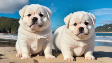 two white puppies sitting on a sandy beach next to the ocean