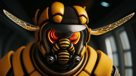 close up of a person in a bee costume with glowing eyes
