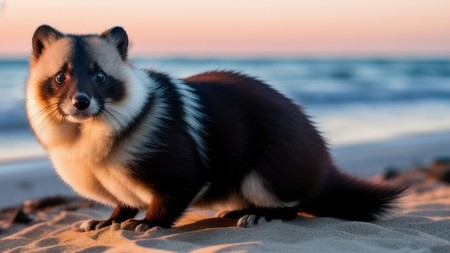 small animal standing on top of a sandy beach next to the ocean