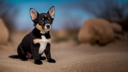 small black and white dog sitting on top of a sandy field