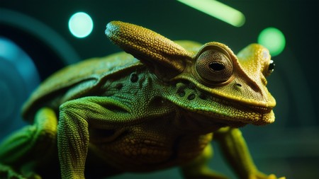 close up of a lizard on a surface with lights in the background