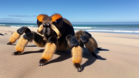 large spider sitting on top of a beach next to the ocean