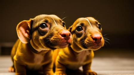 couple of dogs sitting next to each other on top of a floor