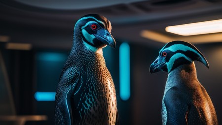 couple of birds standing next to each other in a dark room