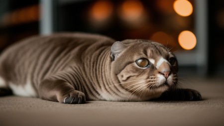 close up of a cat laying on the ground with its eyes open