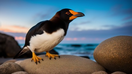 black and white bird sitting on top of a rock next to the ocean