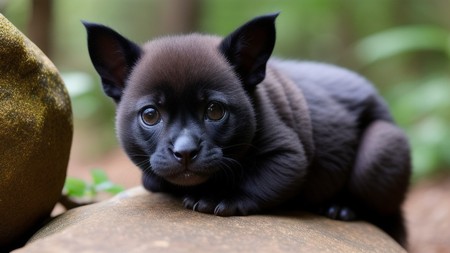 small black cat sitting on top of a rock in the forest