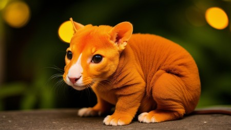 small orange cat sitting on top of a cement floor next to lights